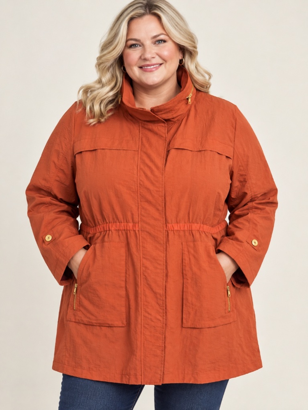 Cynthia Rowley PLUS 2X jacket w/hidden hood, gold details & adjustable sleeves
